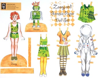 Hand Drawn Paper Doll Set Printable Digital Download Zooey - Astronaut Space Robot Girls In STEM