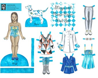 Hand Drawn Paper Doll Set Printable Digital Download Maya - Cute Dalmation Girls In STEM Chemist Scientist Punk Blue