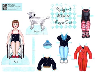 Hand Drawn Paper Doll Set Printable Digital Download Kady - Cute Disability Pride Wheelchair Poodle President