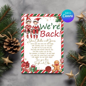 Carta de llegada de elfos imprimible personalizada en Canva, plantilla editable "Estamos de regreso", nota de 2 elfos niños, archivo de descarga digital, personalizada
