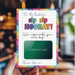 Teacher Gift Card Holder Printable | Sip Sip Hooray Coffee Card | End of Year Teacher Gift | Instant Download | TinySmiles