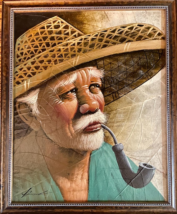 Original Signed Oil Painting on Pressed Tobacco Leaves