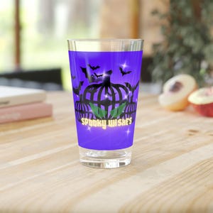 Spooky Wishes Halloween Pint Glass, 16oz, Trick or Treat Drinkware, Halloween Party Decor, Ghosts and Bats Gift, Fall Celebration Beverage