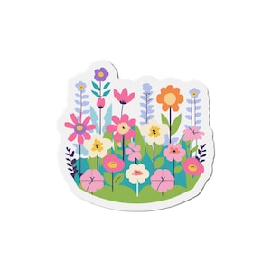 Puede incluir: Una pegatina con una colorida ilustración de un jardín de flores. El diseño incluye varias flores en tonos de rosa, naranja, morado y blanco, sobre un fondo turquesa. Hojas y tallos verdes completan la escena floral.