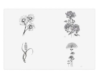 May include: A white background features four botanical illustrations in black ink. The drawings include daisies, roses, a wheat stalk, and a cluster of small, round flowers. The artwork is detailed and delicate, with fine lines and shading.