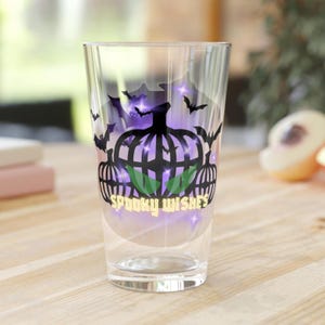 Spooky Wishes Halloween Pint Glass, 16oz, Trick or Treat Drinkware, Halloween Party Decor, Ghosts and Bats Gift, Fall Celebration Beverage
