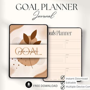 Op de afbeelding: Een digitaal doelplanner-journaal met een abstract ontwerp in bruin en beige. De omslag heeft de tekst "GOAL planner" in een gestileerd lettertype. Het journaal bevat secties voor het stellen van doelen, het bijhouden van de voortgang en het volgen van de voortgang. De tekst "Direct downloaden", "Bewerkbaar" en "Compatibel met meerdere apparaten" is zichtbaar in de rechterbenedenhoek van de afbeelding.