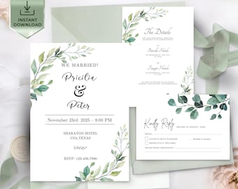 Invitaciones de boda bohemias verdes: Detalles y confirmación de asistencia (descarga digital)