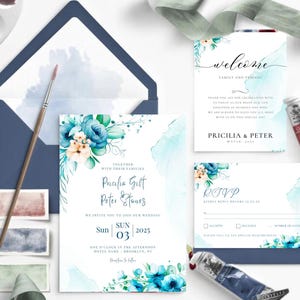 Detalhes do convite de casamento azul-celeste Rsvp Card || Convites de casamento azuis || Download digital