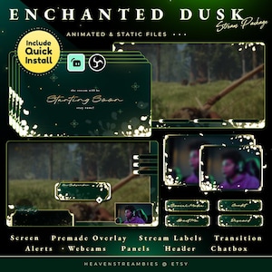 Puede incluir: Un paquete de transmisión digital con un diseño floral verde oscuro y blanco. El paquete incluye archivos animados y estáticos, superposiciones prefabricadas, etiquetas de transmisión y elementos de chatbox de transición. El texto incluye "Enchanted Dusk" y "Starting Soon".