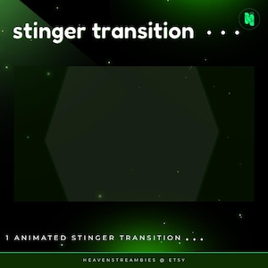 May include: A dark green digital graphic with the text "stinger transition" in white. The image features a hexagon shape in the center and the words "1 animated stinger transition" at the bottom.