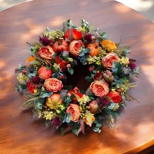 Halloween Wreath with Autumn Flowers and Pumpkin, 3D Garland Decoration, Halloween Mantel Decor,Spooky Home Decor, Fall Front Porch Ornament