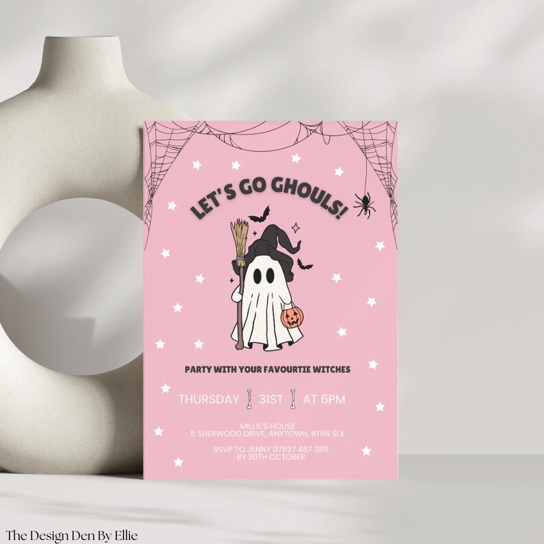 May include: Pink Halloween party invitation with the text "Let's Go Ghouls!" and a cartoon ghost holding a broom and pumpkin. The invitation includes the date, time, and location for the party. The design features spiderwebs, stars, and bats.