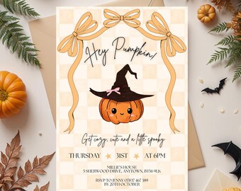 Coquette "Hey Pumpkin" Halloween Invitation | Cute Halloween Party Invite | Editable Digital Download for Girls Night In