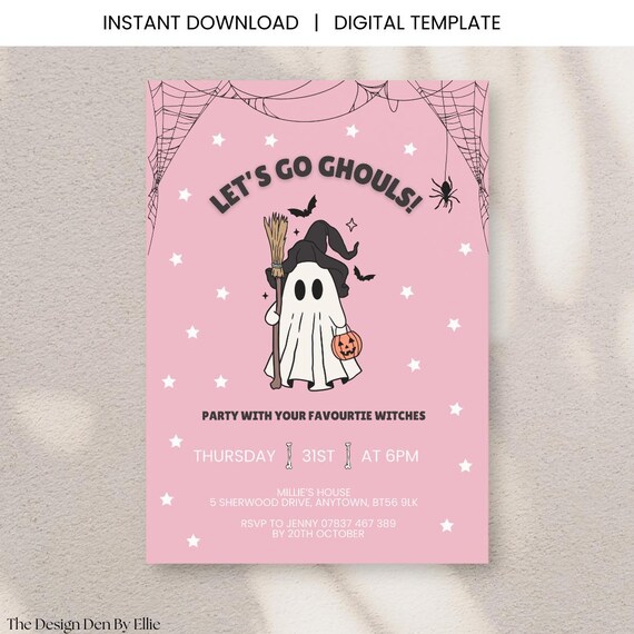 Coquette Let's Go Ghouls Halloween Invitation | Editable Party Invite | Printable Digital Download | Spooky Girl's Night | Bachelorette