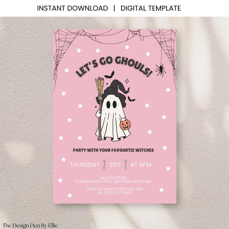 May include: Pink Halloween party invitation with the text "LET'S GO GHOULS!" and a cartoon ghost holding a broom and a jack-o'-lantern. The invitation includes party details and RSVP information. The words "INSTANT DOWNLOAD | DIGITAL TEMPLATE" are at the top.