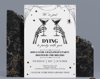 Halloween Party Invitation with Espresso Martini Theme | Signature Drink Design with Skeleton Hands and Margarita Glasses | Editable Invite