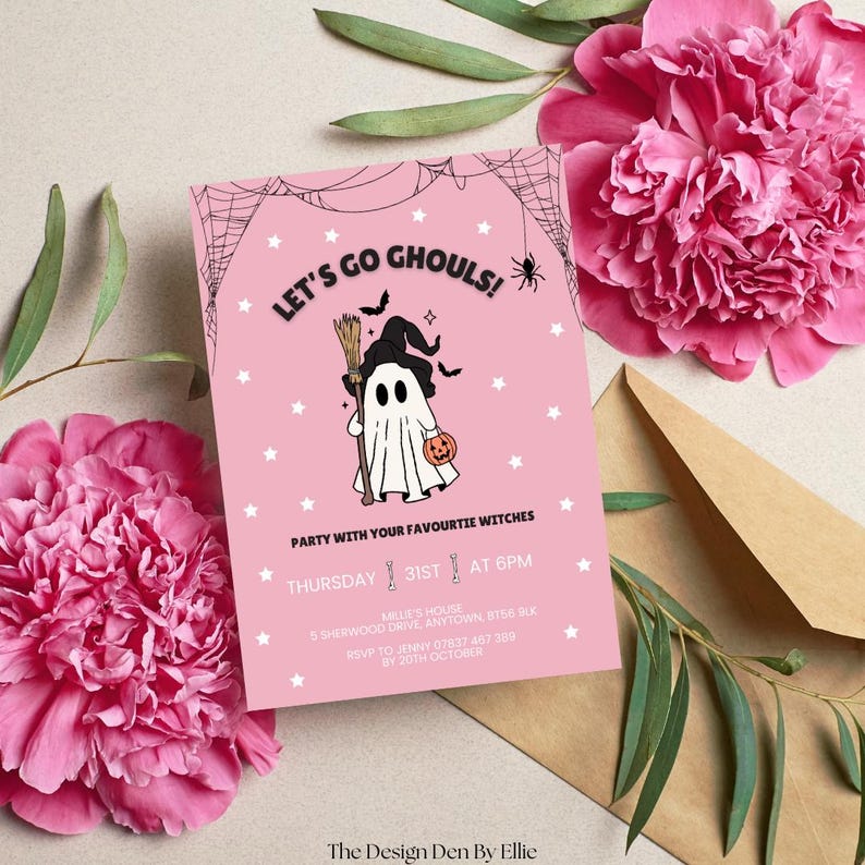 May include: Pink Halloween party invitation with the text "LET'S GO GHOULS!" and a cartoon ghost holding a broom and pumpkin. The invitation includes event details and RSVP information, surrounded by pink flowers and an envelope.