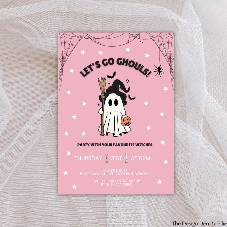 May include: Pink Halloween party invitation with the text "LET'S GO GHOULS!" and a cartoon ghost wearing a witch hat and holding a pumpkin. The invitation includes party details: Thursday, October 31st at 6 PM.