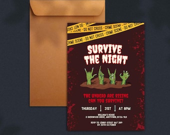 Survive the Night Zombie Apocalypse Party Invitation | Halloween Printable Invite | Editable Digital Download | Spooky Horror Theme