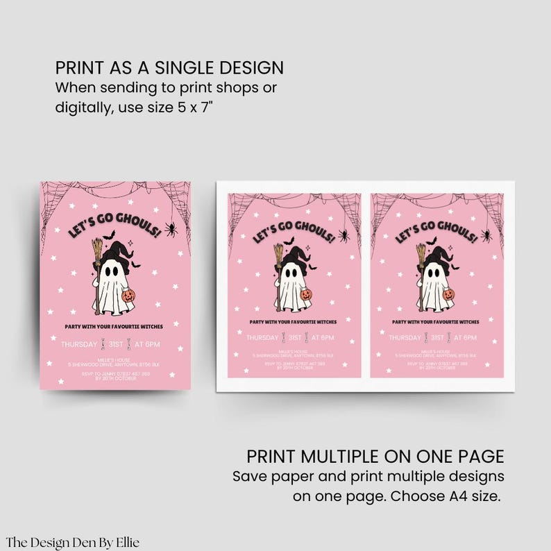 May include: Pink Halloween party invitations with a ghost wearing a witch hat and holding a pumpkin. The text reads "Let's Go Ghouls!" and "Party with your favorite witches". The design is 5 x 7 inches.