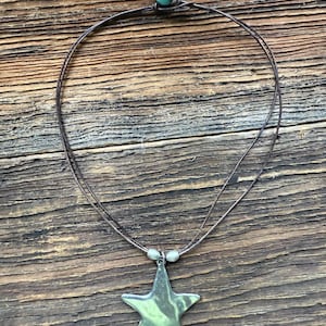 Leather and antiqued silver plated pewter star pendant necklace choker