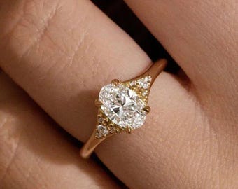 1.00 CT Oval Cut Lab Grown Diamond Engagement Ring, Cluster Side Stone 14K Gold Ring, Unique Vintage Bridal Jewelry, Promise Ring Her