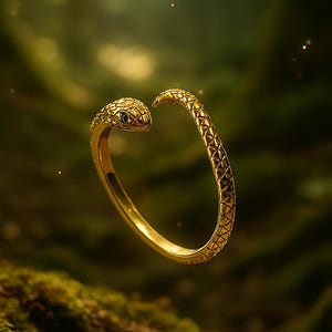 May include: A gold-colored snake ring with a textured pattern. The snake's head features a small, dark gemstone eye. The ring is set against a blurred green background, suggesting a natural setting.
