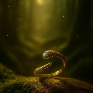 May include: A gold-colored snake ring with a textured pattern. The snake's head features a small, clear gemstone. The ring is set against a blurred, green forest background, creating a mystical aesthetic.
