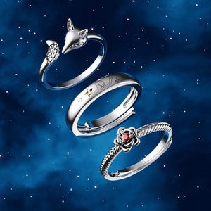 Könnte beinhalten: Drei silberne Ringe mit einzigartigen Designs werden vor einem dunkelblauen Hintergrund mit weißen Sternen gezeigt. Ein Ring zeigt einen Fuchskopf, ein anderer hat eingravierte Sterne und der dritte eine Rose mit einem roten Mittelstein.