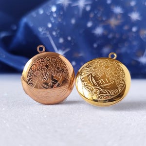 May include: Two round lockets with a star and mountain design. One locket is gold and the other is rose gold.