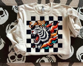 Easy Tiger, Retro, Trendy Retro, Edgy, Alternative, Retro Tiger, Trending Shirt Design, Checkerboard Design, Animal Design, Tiger PNG