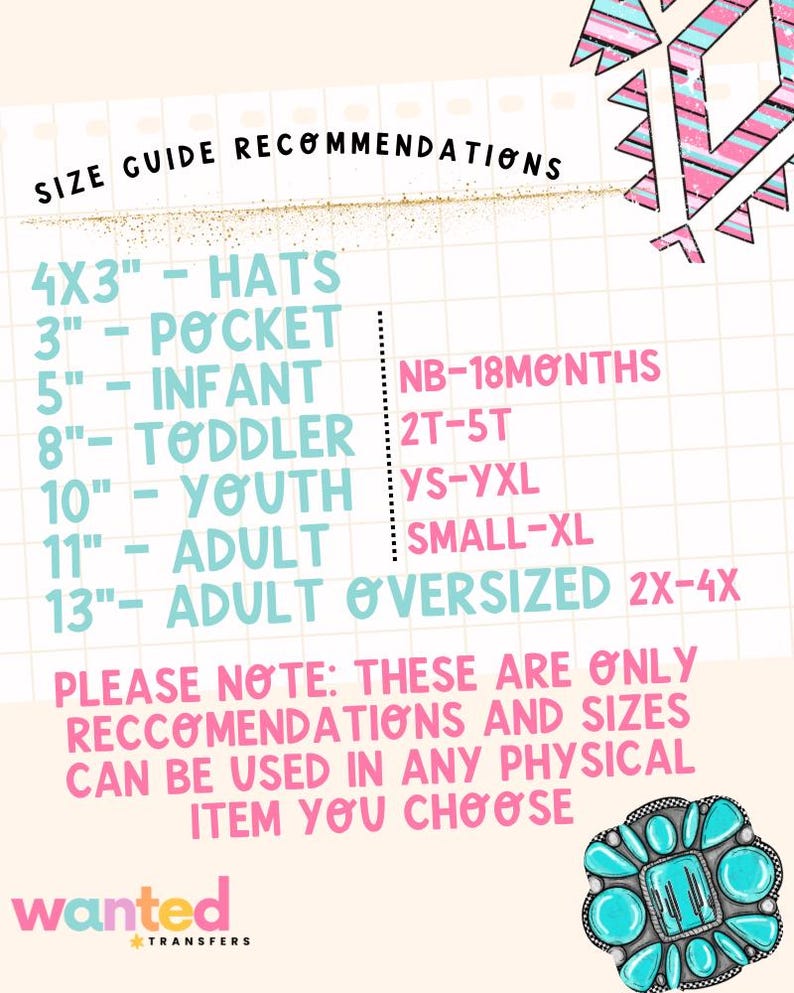a size guide recommendation for various age groups, including infants, toddlers, children, and adults. It provides size recommendations for different types of items, such as hats, pockets, and oversized clothing. The image also includes a note that these recommendations and sizes are only recommendations and can be used in any physical item choice. The wanted Transferrants logo is present in the bottom right corner.