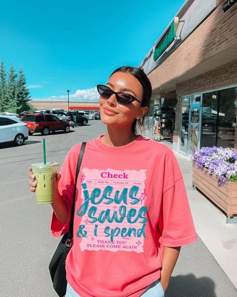 Jesus Saves And I Spend DTF Transfer, Trendy Faith, Bible Verse, Ready to Press, Jesus, Heat Transfer, DTF image 1