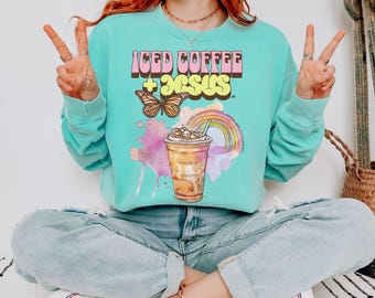 Iced Coffee + Jesus DTF Transfer, Glaube, fertig zum Pressen, Wärmetransfer, Trendy Faith, Jesus, DTF, Beliebt