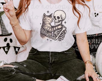 Skeleton And Cat DTF Transfer, Trendy Halloween, Fall, Ready to Press, Heat Transfer, Vintage Halloween, Trick or Treat