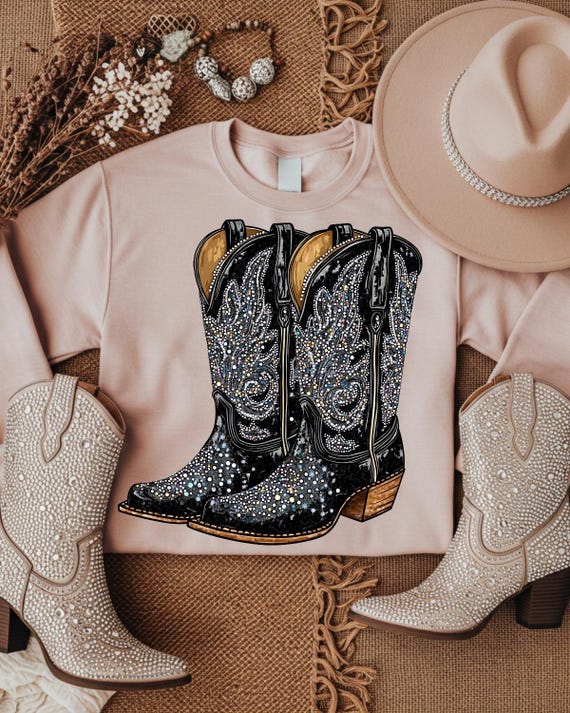 Faux Rhinestone Black Cowboy Boots DTF Transfer, Trendy Faux Rhinestone, Animal, Career, Trending DTF, Ready to Press