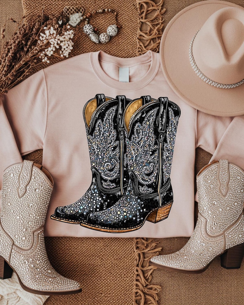 Faux Rhinestone Black Cowboy Boots DTF Transfer, Trendy Faux Rhinestone, Animal, Career, Trending DTF, Ready to Press image 1
