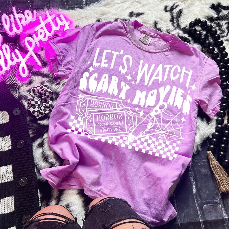 Let's Watch Scary Movies White Font Halloween DTF Transfer, Trendy Halloween, Scary Movie, Ready to Press, Heat Transfer, DTF, Creepy image 2
