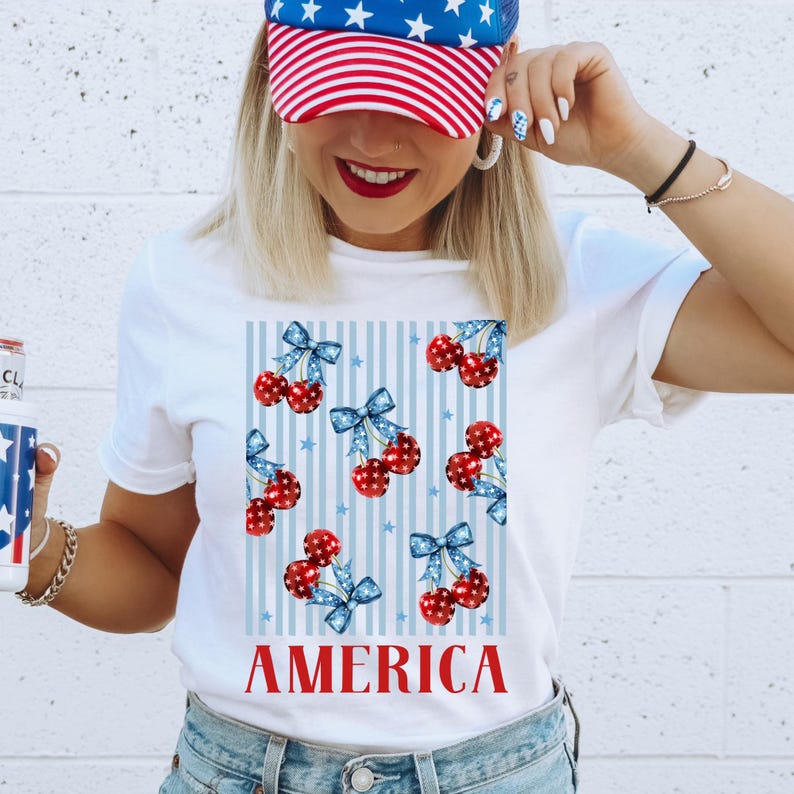 Cherry America DTF Transfer, Trendy Patriotic 4th of July, America, Firecracker, Stars, Stripes, Heat Transfer, DTF image 1