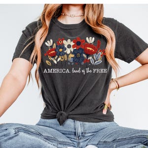 America, Land of the Free White Font 4th of July DTF Transfer, 4th of July, Patriotic, America, Trendy, Mama, Doodle, Ready to Press image 1