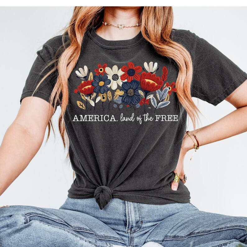 America, Land of the Free White Font 4th of July DTF Transfer, 4th of July, Patriotic, America, Trendy, Mama, Doodle, Ready to Press image 1