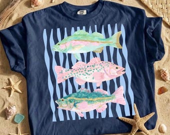 Transferencias DTF del trío de pesca veraniega de moda, verano de moda, listas para planchar, transferencia térmica, pez, barco, playa, moda
