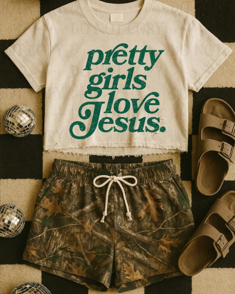Distressed Pretty Girls Love Jesus (Green) DTF Transfer, Trendy Faith, Ready to Press, God, DTF, Jesus, Bible Verse, Heat Transfer image 1