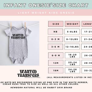 The image is a size chart for infant onesies, providing measurements and corresponding sizes for different age groups.