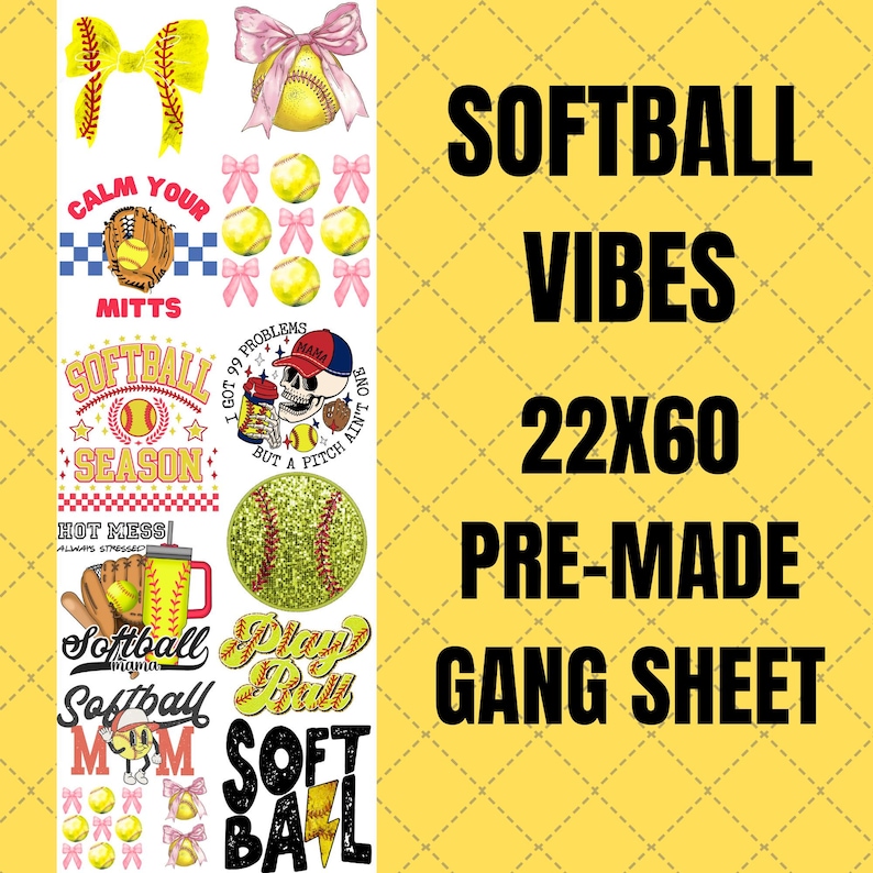 Softball Vibes DTF Transfer Gang Sheet, Ready to Press (22"x60") image 1