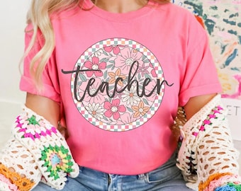 Spring Floral Teacher DTF Transfer, Teacher, Floral, Retro, Trendy, Popular, Ready to Press, DTF Transfer