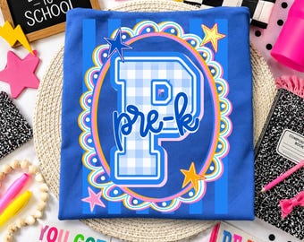 Stampa DTF con cornice blu preppy per il ritorno a scuola, stampa DTF di tendenza per il ritorno a scuola, stampa DTF, floreale, preppy, ragazze, ragazzi, classi scolastiche