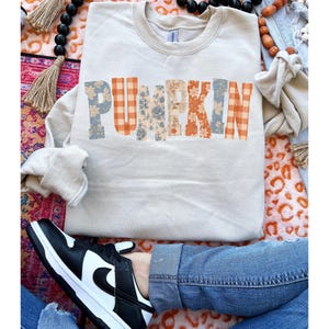May include: A beige crewneck sweatshirt featuring the word PUMPKIN printed across the chest in large block letters. Each letter displays a alternating pattern of orange and white gingham checks and a light blue floral print on a cream background.