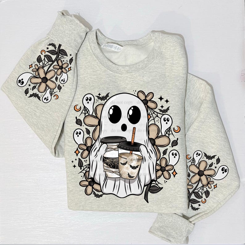 Boorista Ghost with Both Sleeves DTF Transfer, Trendy Ghost, Halloween, New, Ghosting Season, Floral, Ready to Press image 1
